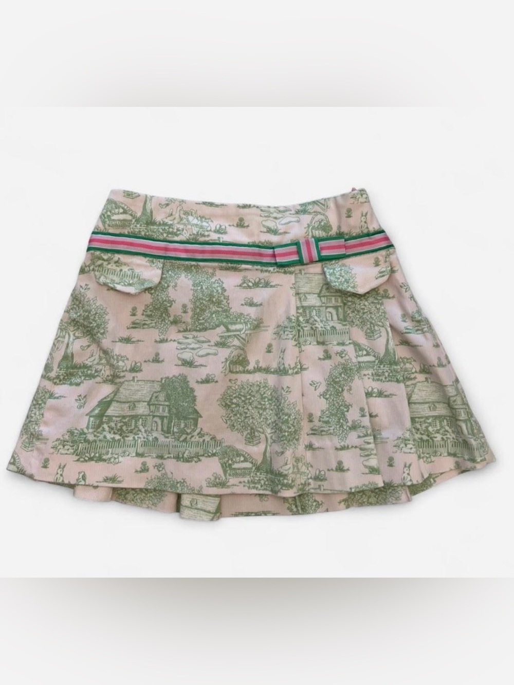 Vintage E Land Pink Green Toile Print Skirt with Striped Belt Cottage Girls 6X